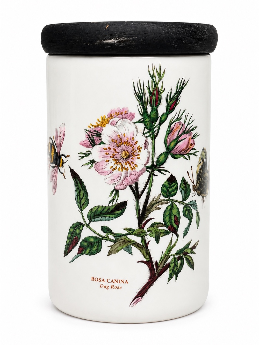 Portmeirion White Canister with Pink Rosa Canina and Black Lid